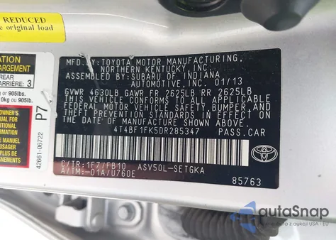 2013 Toyota Camry Xle z USA, uszkodzony, nr VIN 4T4BF1FK5DR285347